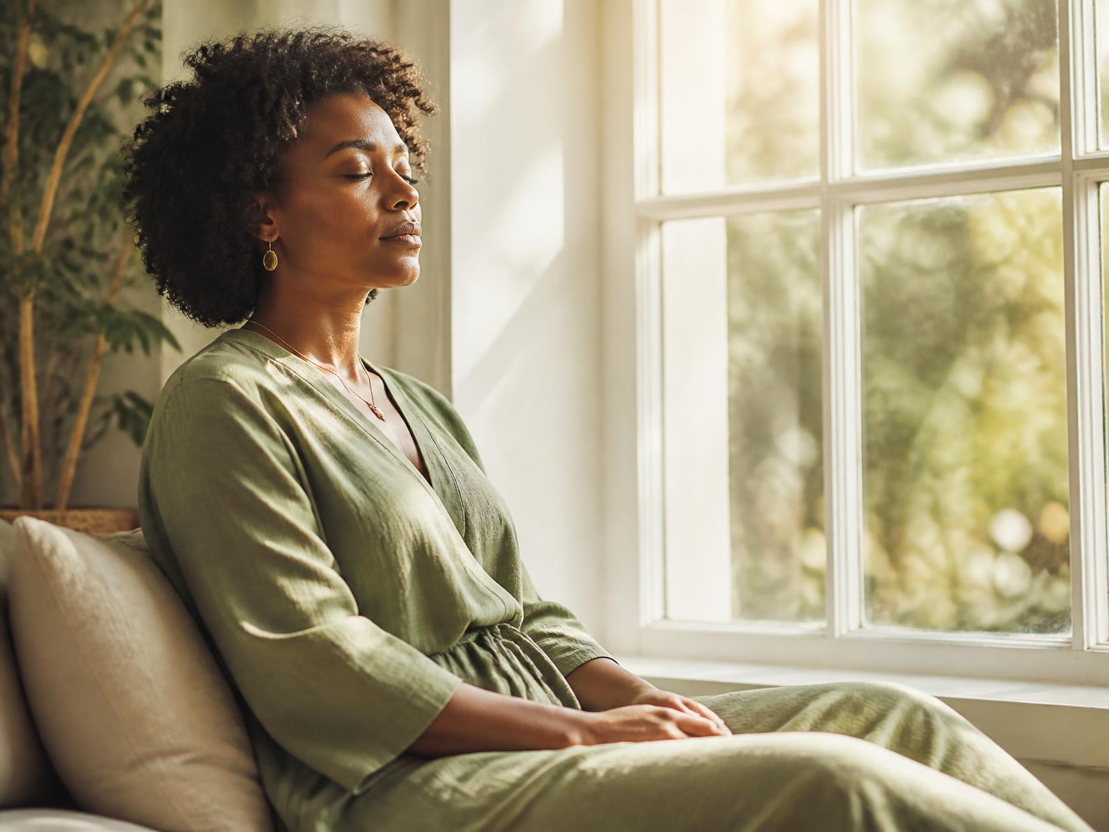A woman sitting calmly by a sunlit window during a moment of rest