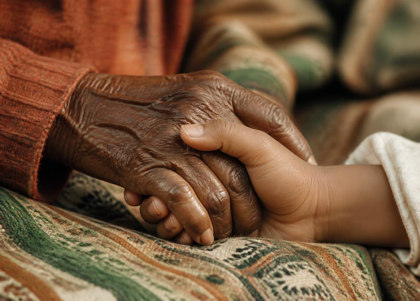 An elder's hand holding a child's hand resting on a patterned woven textile